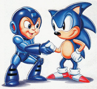 Shaking hands with Mega Man, celebrating Capcom signing with Sega as an official license. Illustrated by Greg Winters.