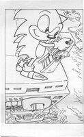 Sonic steering the robot into a lake.