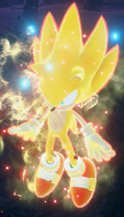 After harnessing the 7 Chaos Emeralds and the power of the Mother Wisp,  Sonic becomes Hyper Go-On Sonic. Hyper Sonic has the all abilities of Super  Sonic tenfold, while also having all