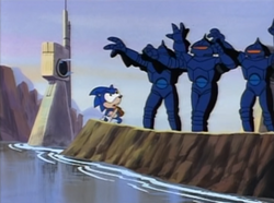 Sonic being attacked by Swat-Bots.