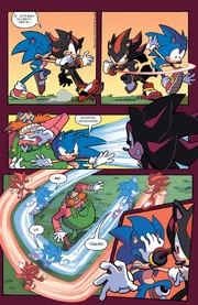 Sonic tratando de impedir que Shadow ataque al Sr. Hojalatero, en .