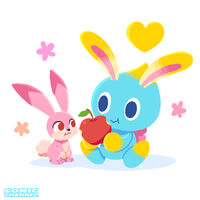 A Chao with bunny ears aharing an Apple with a Rabbit. (Sonic Adventure)