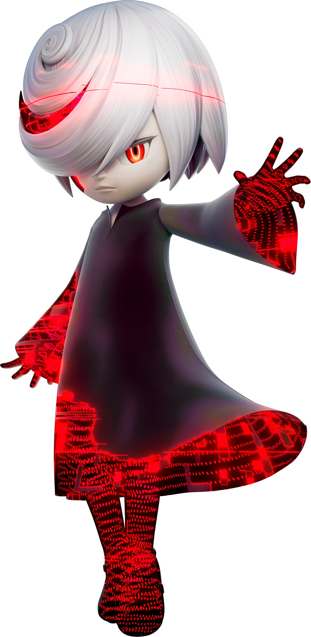 evan stanley, sage (sonic), sonic (series), sonic frontiers, official art,  1girl, arms at sides, backlighting, black dress, child, closed mouth,  colored skin, dress, expressionless, female focus, flat chest, glitch, grey  background, grey