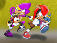 Espio and Mighty (incorrect design) rush Charmy and Buelanan to safety as the hornets come after