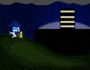 A chibi Jonic sits in the pouring rain gazing at Vita Nova city -by JonicOokami7