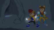 Cyo exploring a cave with Sally Acorn.