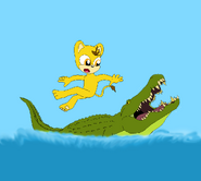 Toddler Cyo getting attacked by a crocodile.