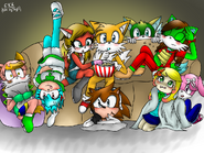 Kay and her friends at Chaominchi get together and watch a movie. Base (c) drytil. Characters: (left to right) Jennie, Anne, Kay, Tails (top,) Simon (bottom,) James, Kagome, Hikari, and Pinky.