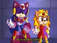 An anime-style "screenshot" of Scorch and Denomi responding to an usual request of Robotnik's, drawn by Azuroru.