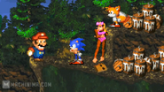 Sonic, Tails, and Candy Kong while being confronted by Mario in "Donkey Kong Country."