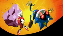 Mighty slaat  met een zwaar rotsblok, "