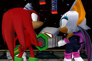 Knuckles y Rouge mirandose a los ojos después de ser salvada por Knuckles.