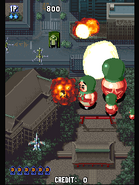 The "Super Matroshka" weapon with multiple dolls appearing, from Sonic Wings Limited.