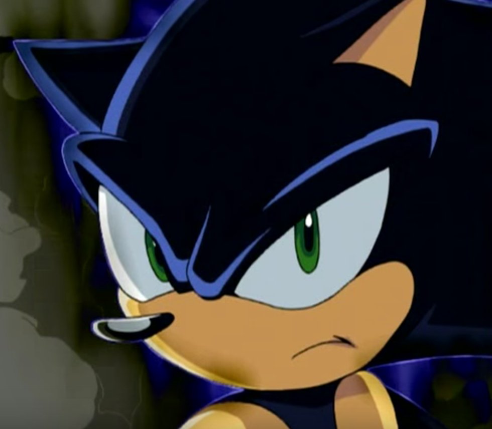 Dark sonic. hedgehog, black fur, no pupils, pointed eyes. red