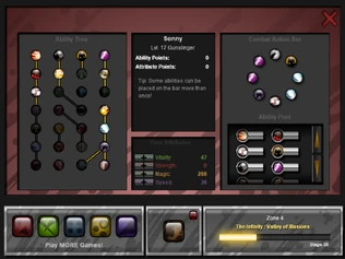 The main Ability screen, with Ability Tree (left), Combat Action Bar (right) and the Attributes (center).