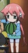 Ikaros holding Watermelon and rubbing Mikako's father's head, due to the strong resemblance between his head and Watermelon.