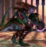 Lizardman (Aeon Calcos) wielding the Grudge Ax and Aya Shield in Soulcalibur III