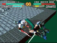 Cervantes dumps Bogus Cervantes out of the ring in Soul Edge