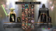 Character Selection Screenshot for the Xbox 360 version. Lizardman, Sophitia, Amy, Setsuka, Mi-na, Rock, and Algol have yet to be used; the five bonus characters occupy the slot with the star, and The Apprentice will occupy the remaining empty slot upon being unlocked; Vader and Yoda switch spots for the PS3 version.