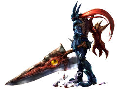 Soulcalibur II artwork of a weakened Soul Edge losing its flesh at the hands of Nightmare