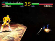 Playable Inferno watches as boss Inferno falls out of the ring in Soulcalibur