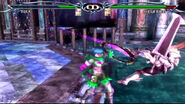 Tira knocks Siegfried out of the ring in Soulcalibur III