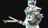 Player 2 Sophitia wielding the Omega Sword and Elk Shield (2P) in Soulcalibur IV