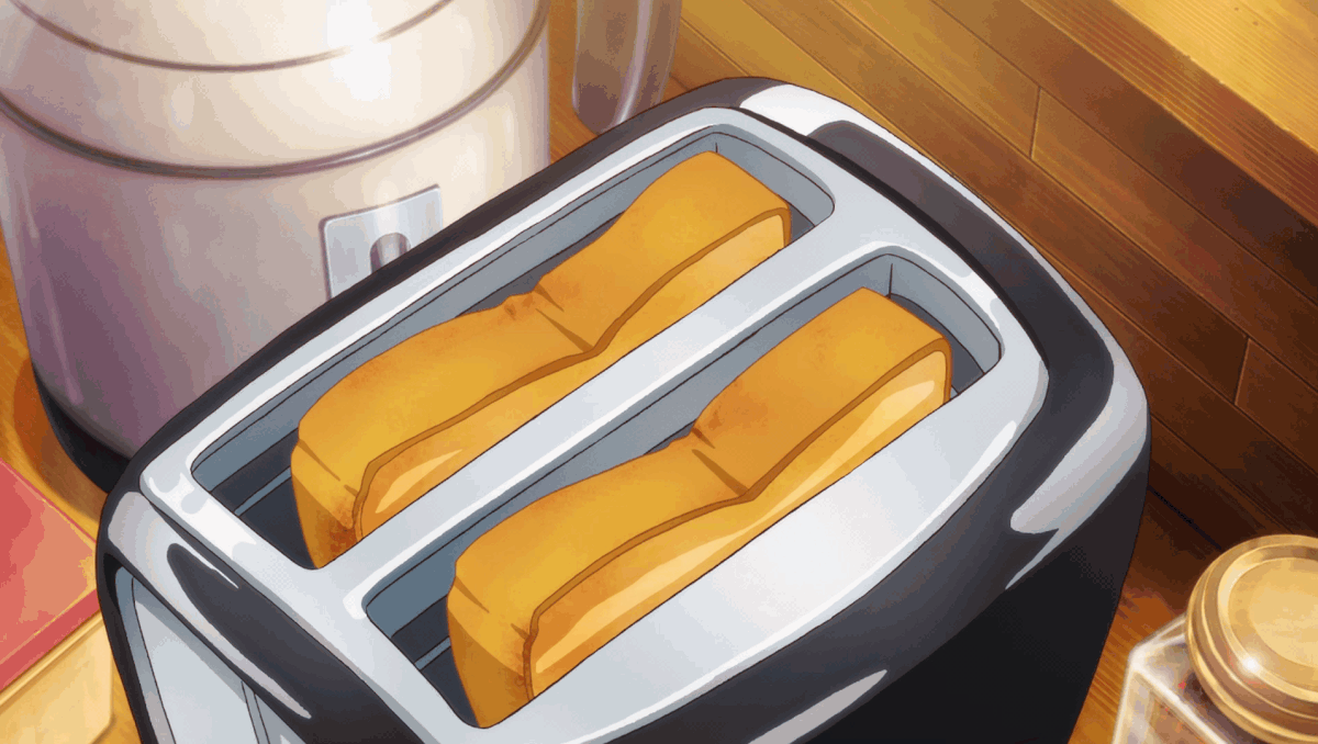 Neon green turtle in a cube shaped toaster anime