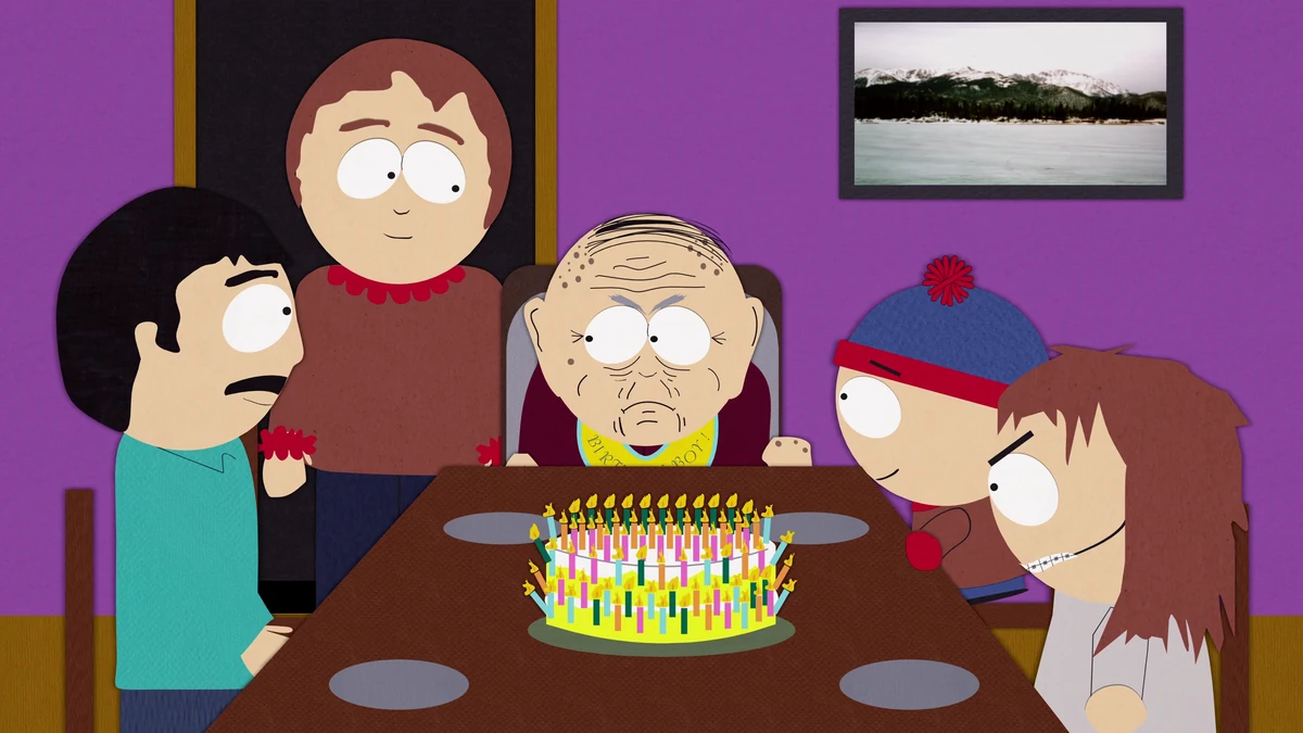 Death character from South Park holding a birthday greeting