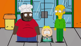 Mr. Garrison in Simpsons form standing next to Simpsonified Chef as Butters hallucinates the world in Simpsons form.