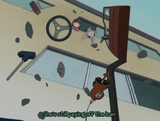 A Kenny McCormick figure flying in the air after Miya-Jun's car is destroyed.