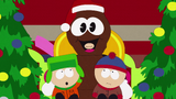 Stan and Kyle sitting on a false Mr. Hankey's lap.