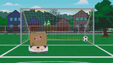 Cartman is distracted as a goalie.