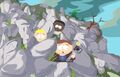 Cartman on a cliff with Token and Butters in "Christian Rock Hard".