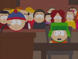 Several townspeople are seen in the courtroom of this scene in "Sexual Harassment Panda".