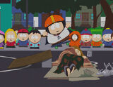 Cartman jumping over the homeless in "Night of the Living Homeless".