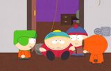 Cartman attempting to have a flashback by letting a rock fall on him in.