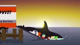 海に投入されたのち、ロケットとつながれた網の中に捕獲されるジャンブー。その後ロケットにつられたまま月へと飛び立った。