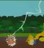 Kenny struck by lightning in "Rainforest Shmainforest".