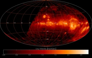 The distribution of  (known by astronomers as H II (aitch two) from old spectroscopic terminology) in the parts of the Galactic interstellar medium visible from the Earth's northern hemisphere (from the Wisconsin H-Alpha Mapper Survey)