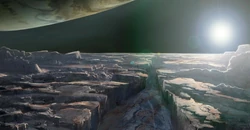 Depiction of Europa's surface from the pre-production photos of the sci-fi film Europa Report.