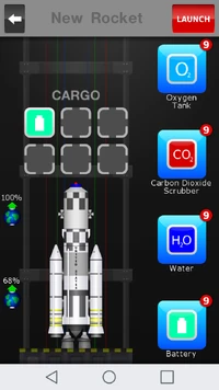 The four types of Cargo are shown at right in picture. Each type can be loaded into the available cargo slots of a space vehicle aboard a rocket under construction, in this case, a Resupply Module Dockable.