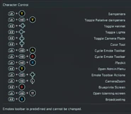 Xbox character controls on foot including emotes, camera view, color picker, and menus