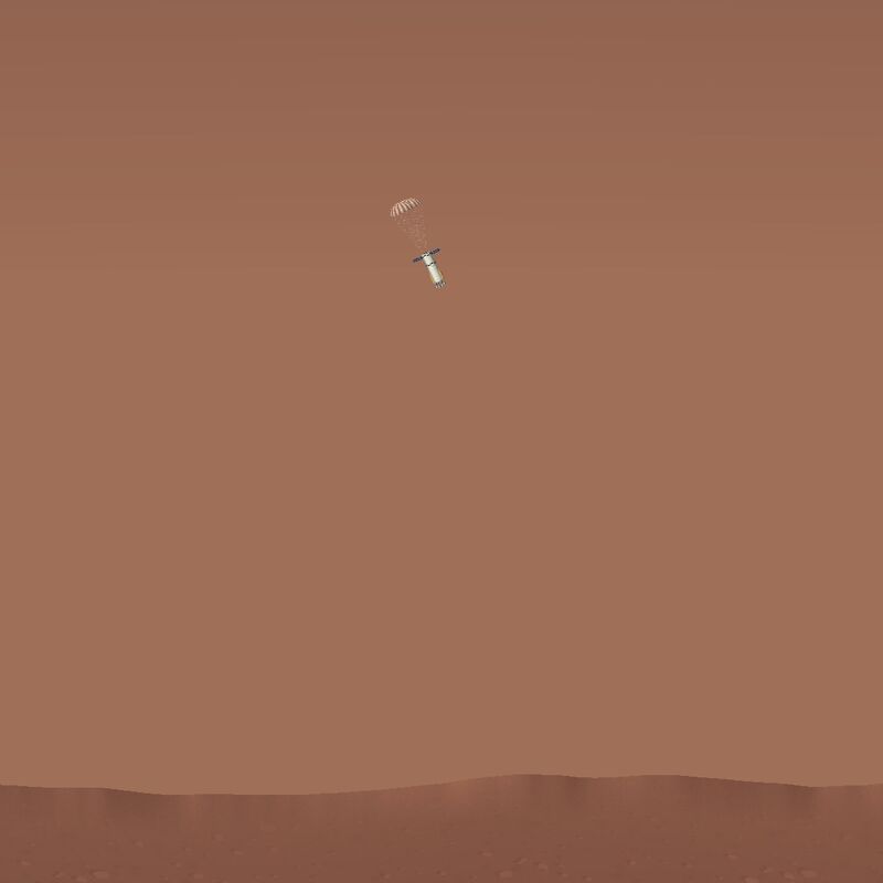 A large rocket using solar panels for stability and parachutes to slow its descent.