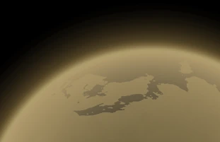 Titan's lakes and atmosphere visible here.