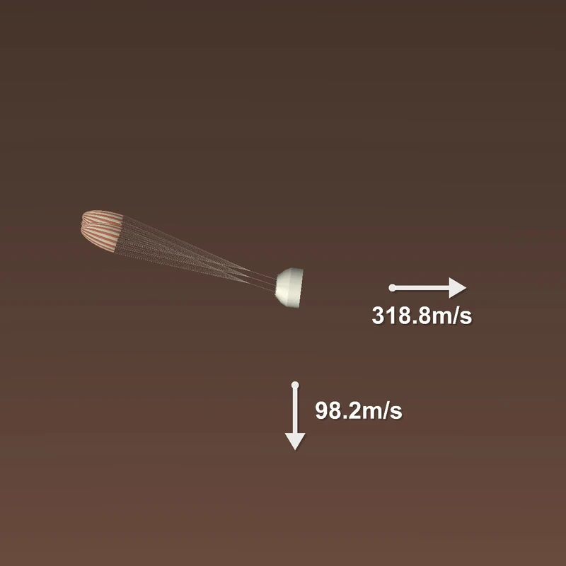 A probe in Mars’s upper atmosphere during its descent. It's using 3 parachutes to slow down its descent to the Red Planet.