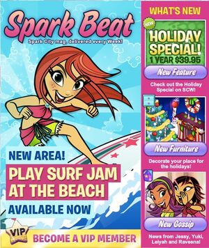 The Spark Beat magazine for Surfside Beach and Spark Cove's opening mentioning about the game "Surf Jam".