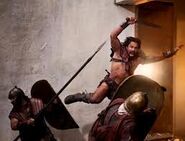 Crixus leaping into battle.