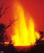 A typical early-stage Hawaiian lava eruption, these often form cinder-spatter cones and voluminous lava flows