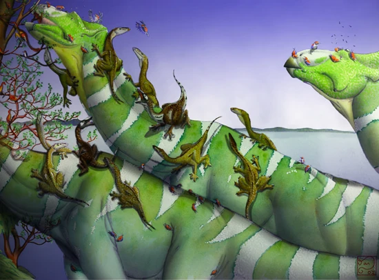 (fig.5) A small herd of eastern balundaurs, Seismoceratops immensus orientalis, with greater perfects, Commensasaurus adamsi, fiery mulong, Mulongia longipes, and lots of painted jaubs, Trichromatornis immensophilus (southeast Asian mainland)